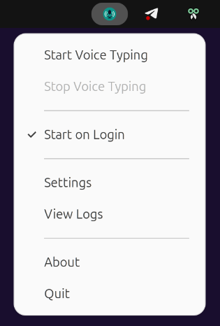 Vocalinux system tray icon and menu