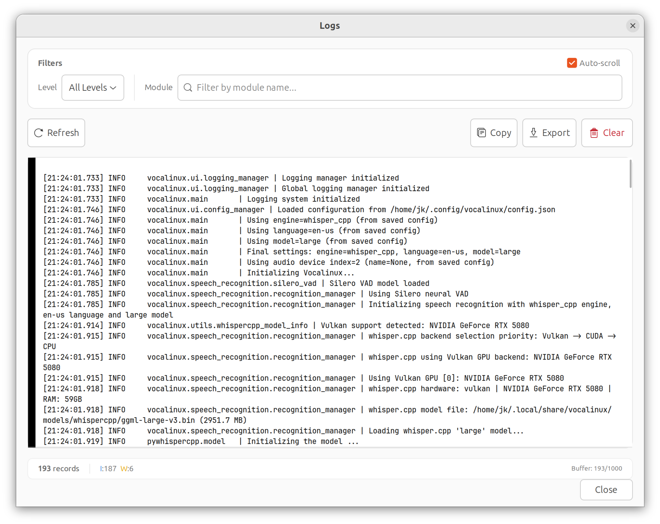 Vocalinux log viewer dialog