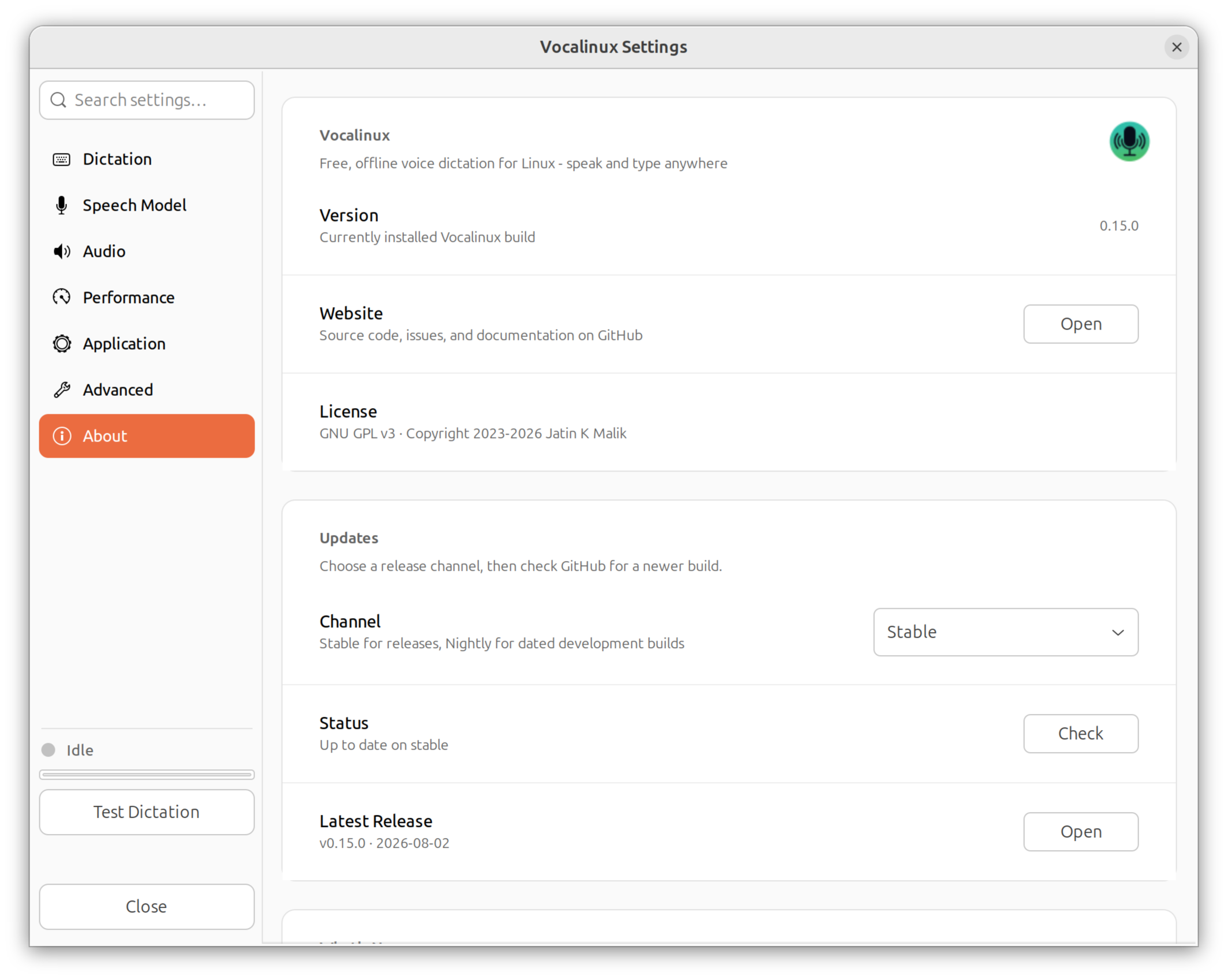 Vocalinux About settings page with update checker