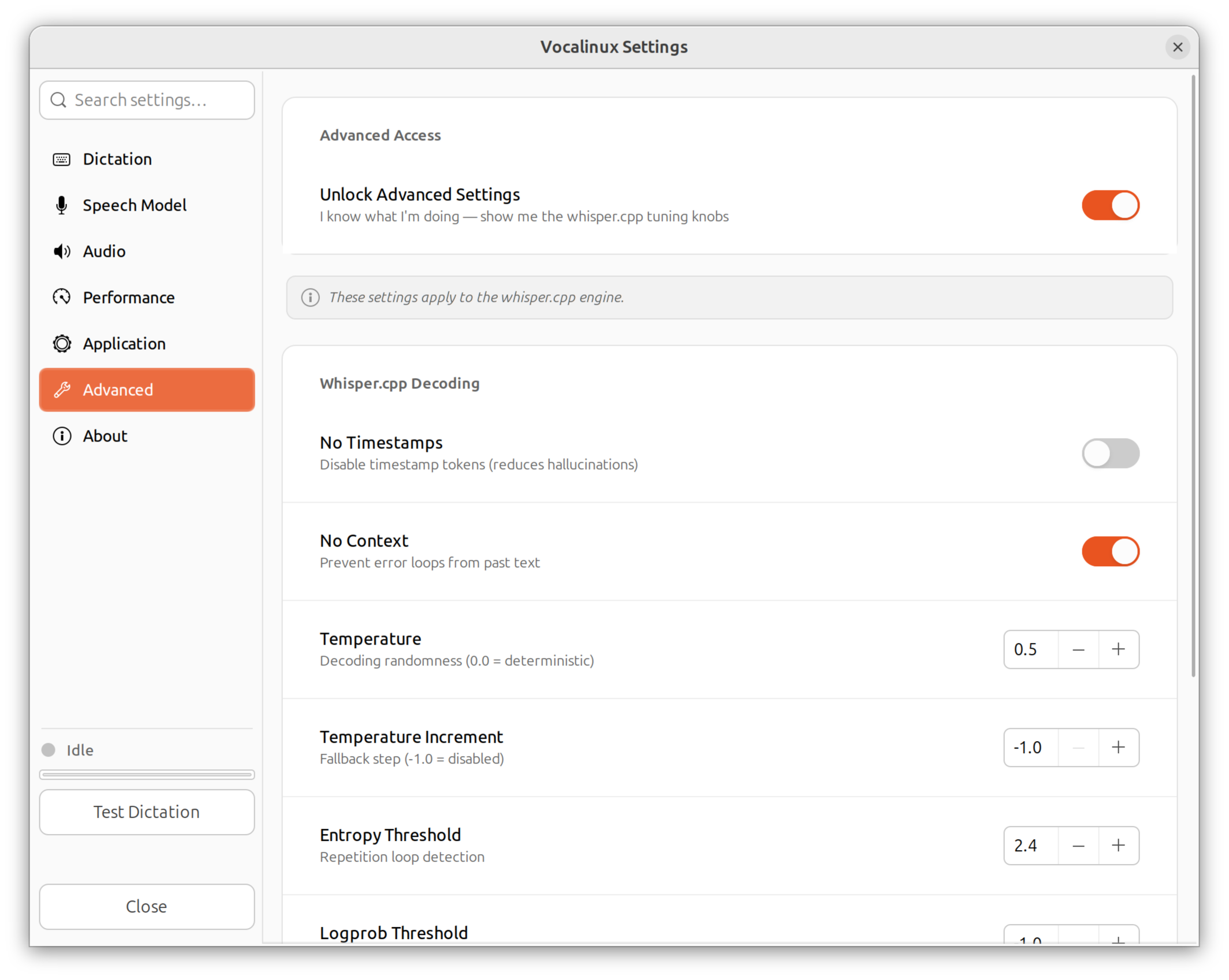 Vocalinux Advanced settings with whisper.cpp decoding controls