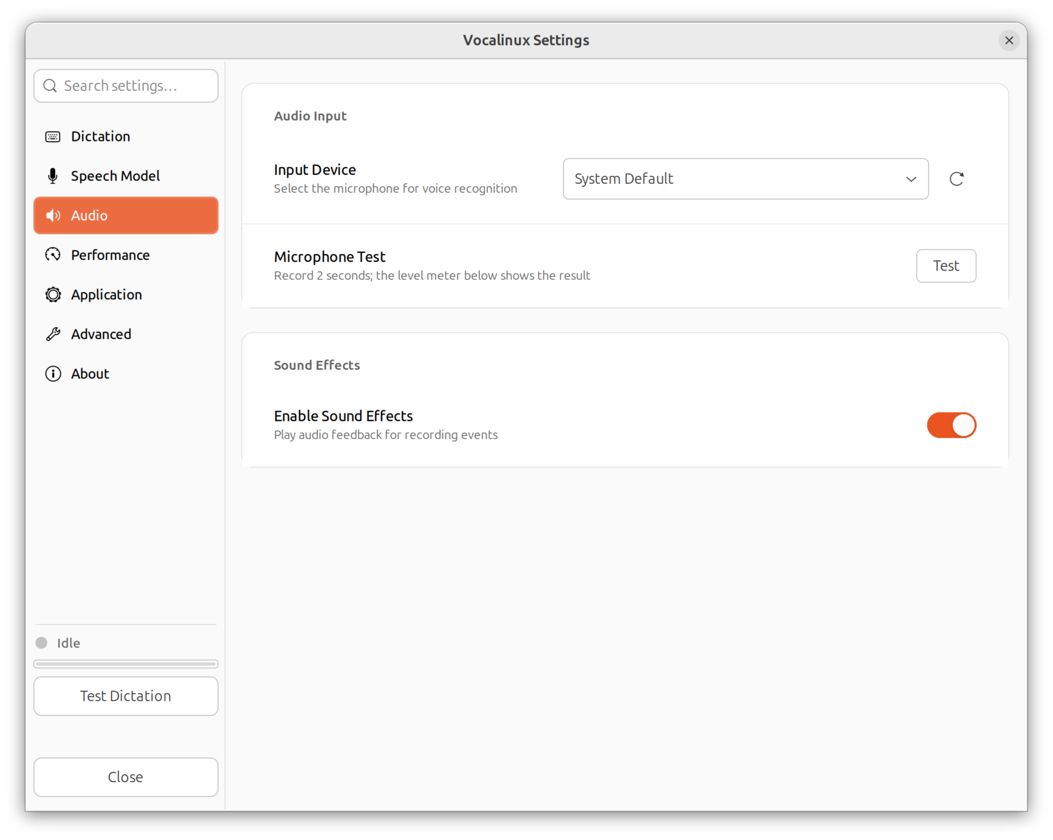 Vocalinux Audio settings page