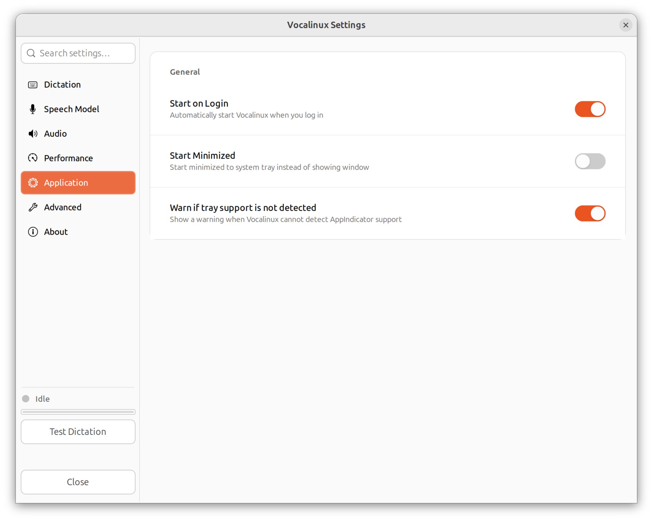 Vocalinux Application settings page