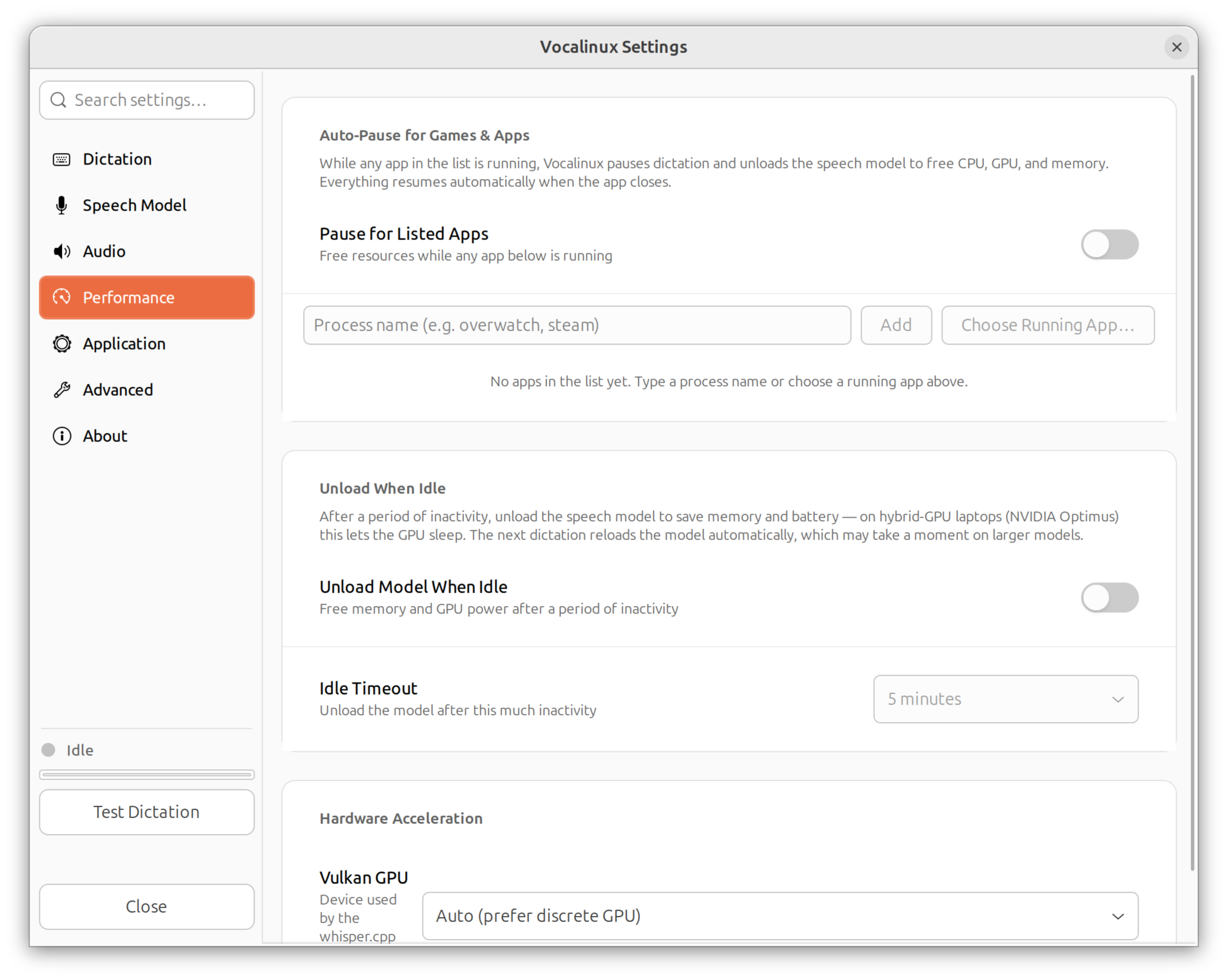 Vocalinux Performance settings page