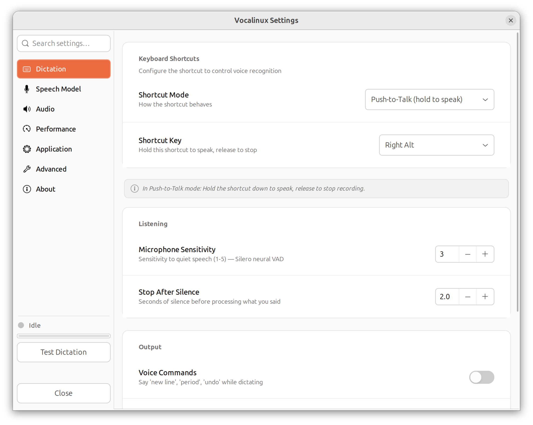 Vocalinux Dictation settings page