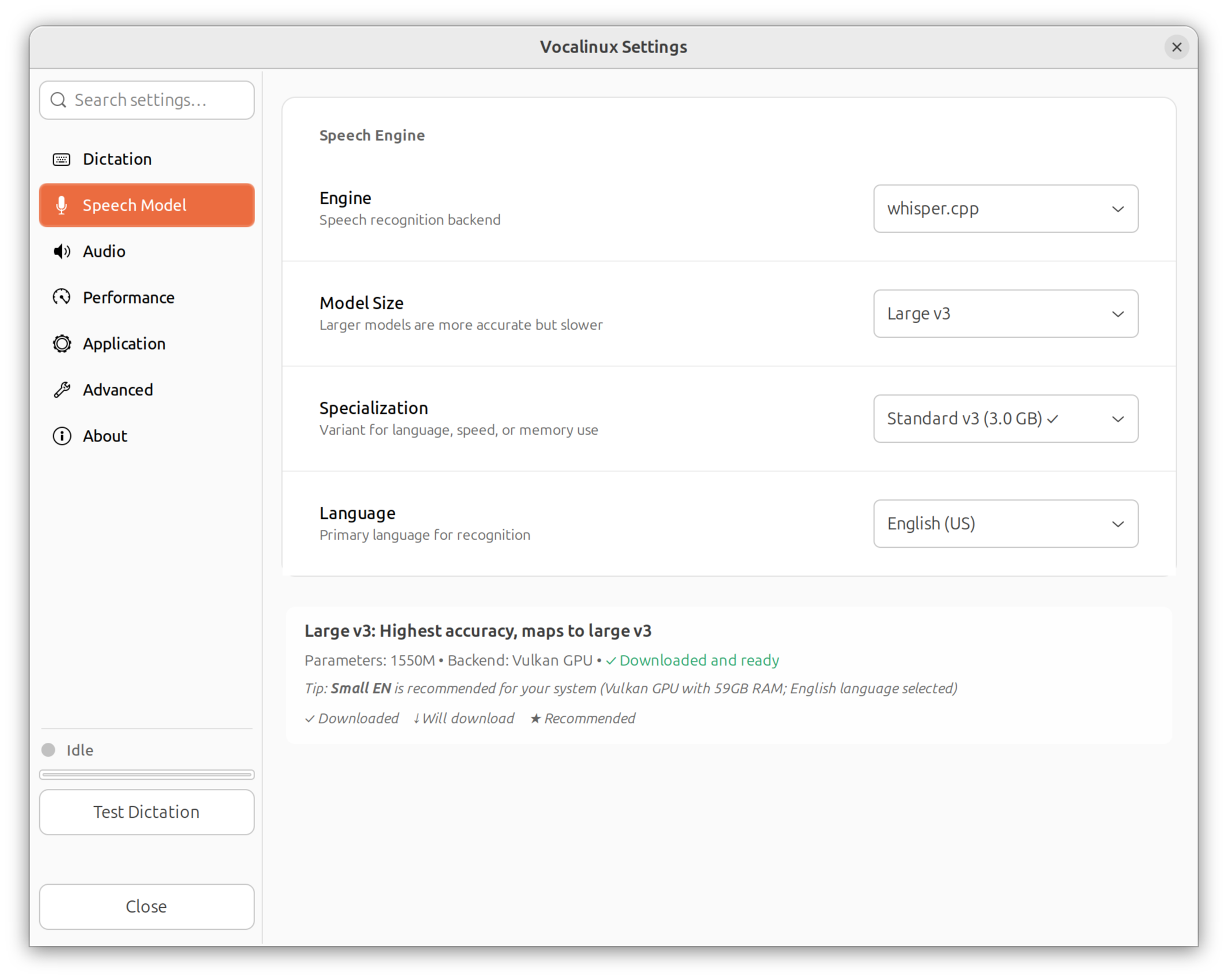 Vocalinux settings dialog showing speech engine options